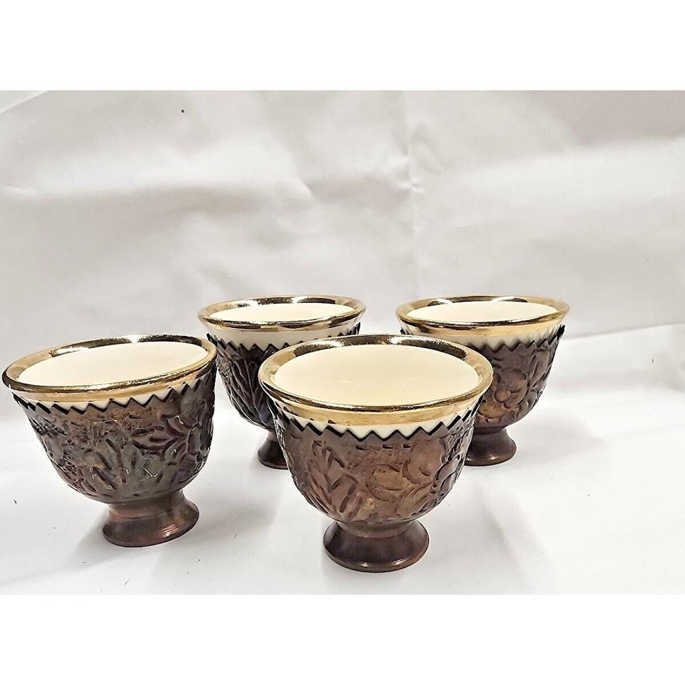 4 VTG Turkish Copper Espresso cups porcelain Stamped Crescent Moon Star Flowers